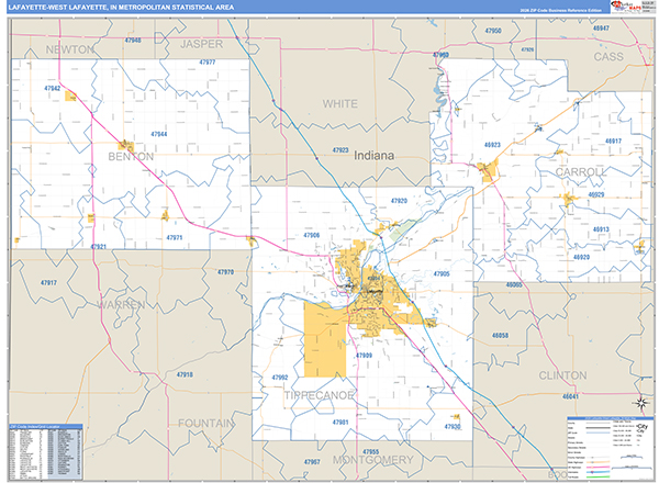 Lafayette-West Lafayette Metro Area Wall Map Basic Style